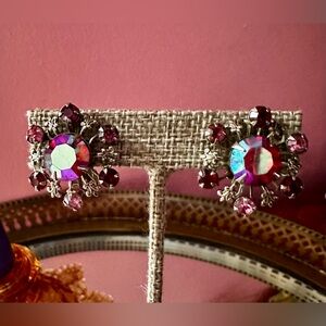 1960's Pomegranate Prim Fleur Di Lis Aurora Borealis Crystal Earrings